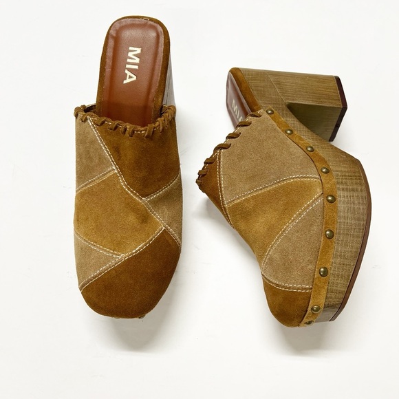 MIA Shoes - MIA Womens 90s Y2K Studded Patchwork Leather Patti Platform Heeled Mules Size 9M